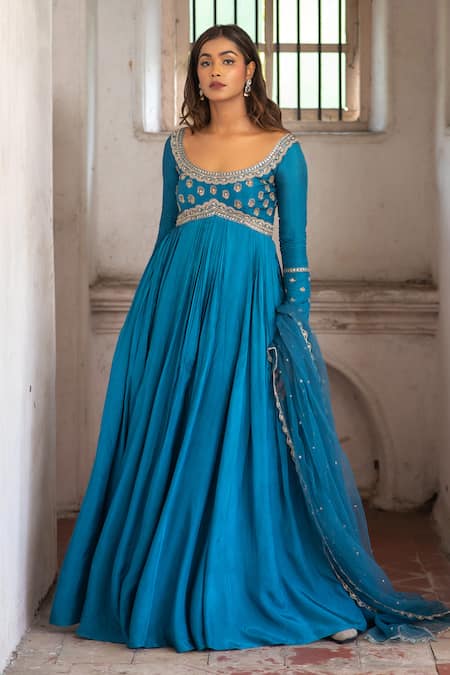 Shop_Enamour By Radha_Blue Net, Silk Cut Work, Pearls, Sequins Embroidered Anarkali Set With Dupatta _Online_at_Aza_Fashions