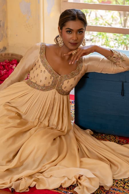 Shop Enamour By Radha Ivory Chiffon, Silk Zari, Metallic Thread Zardozi Embroidered Yoke Anarkali Set Online at Aza Fashions Shop_Enamour By Radha_Ivory Chiffon, Silk Zari, Metallic Thread Zardozi Embroidered Yoke Anarkali Set _Online_at_Aza_Fashions