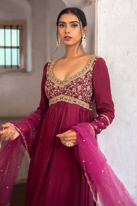 Shop_Enamour By Radha_Pink Net, Silk, Linen Pearls, Zari Split V-neck Bahar Embroidered Anarkali Set _Online_at_Aza_Fashions