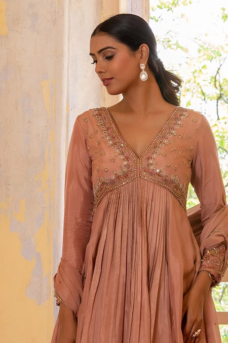 Enamour By Radha_Pink Chiffon, Silk Pearls, Zari V-neck Bahara Embroidered Anarkali Sharara Set _Online_at_Aza_Fashions