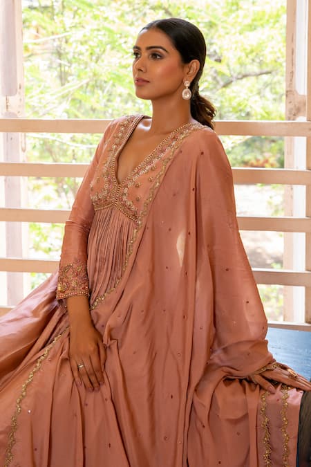 Buy_Enamour By Radha_Pink Chiffon, Silk Pearls, Zari V-neck Bahara Embroidered Anarkali Sharara Set _Online_at_Aza_Fashions
