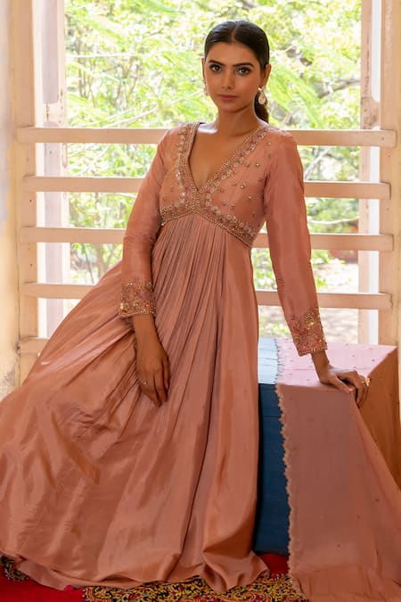Shop_Enamour By Radha_Pink Chiffon, Silk Pearls, Zari V-neck Bahara Embroidered Anarkali Sharara Set _Online_at_Aza_Fashions