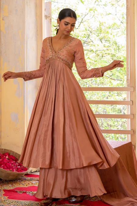 Enamour By Radha_Pink Chiffon, Silk Pearls, Zari V-neck Bahara Embroidered Anarkali Sharara Set _at_Aza_Fashions