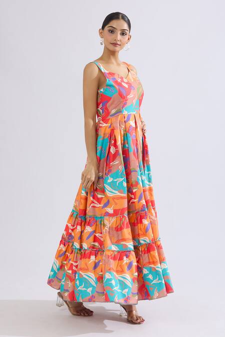 Buy_Naintara Bajaj_Multi Color Rayon Sweetheart Neck Abstract Floral Maxi Dress 