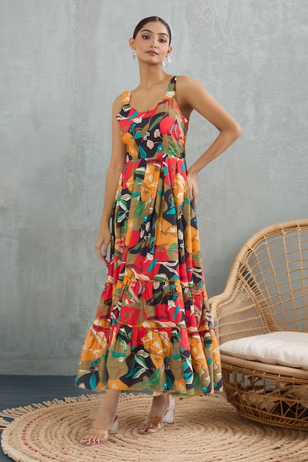 Naintara Bajaj Multi Color Abstract Floral Tiered Maxi Dress 