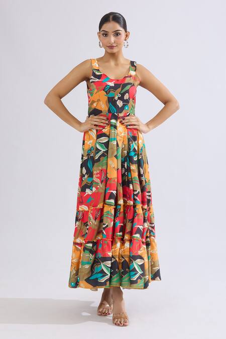 Naintara Bajaj_Multi Color Rayon Scoop Neck Abstract Floral Tiered Maxi Dress _at_Aza_Fashions