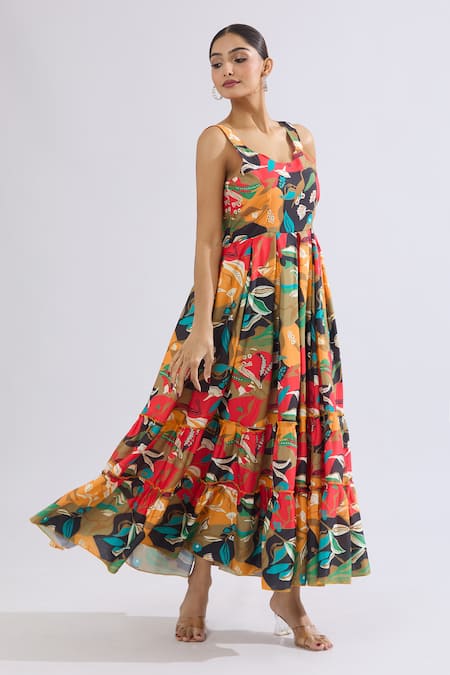 Buy_Naintara Bajaj_Multi Color Rayon Scoop Neck Abstract Floral Tiered Maxi Dress 