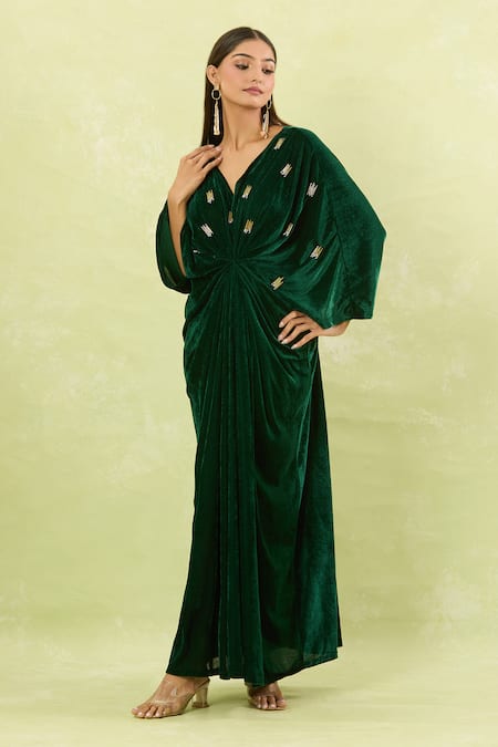 Naintara Bajaj_Green Velvet V-neck Hand Embellished Maxi Dress _at_Aza_Fashions