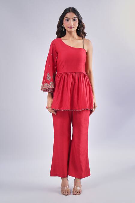 Shop_Samyukta Singhania_Red Cotton, Silk Embroidery Asymmetric Floral Peplum Tunic And Pant Set_Online_at_Aza_Fashions
