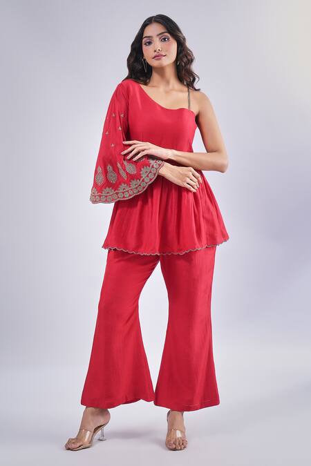 Samyukta Singhania_Red Cotton, Silk Embroidery Asymmetric Floral Peplum Tunic And Pant Set_at_Aza_Fashions