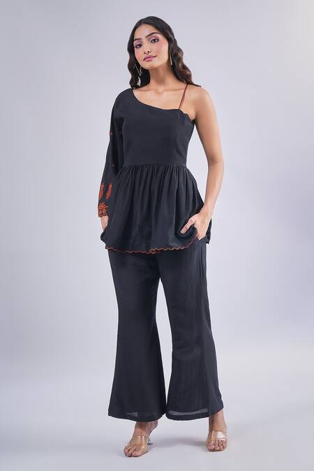 Shop_Samyukta Singhania_Black Cotton, Silk Embroidery Asymmetric Floral Peplum Tunic Set_Online_at_Aza_Fashions