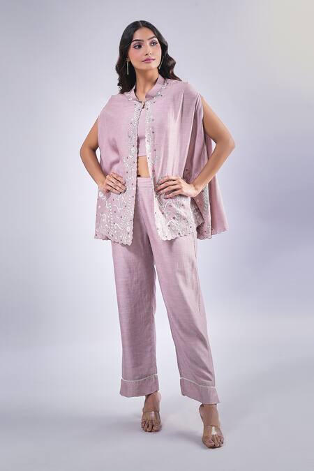 Samyukta Singhania Purple Cotton Floral Embroidered Cape And Pant Set Online at Aza Fashions Samyukta Singhania_Purple Cotton Floral Embroidered Cape And Pant Set_Online_at_Aza_Fashions