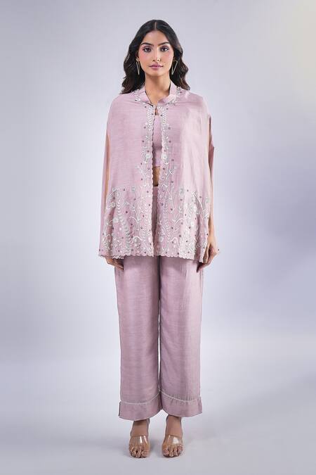Buy Samyukta Singhania Purple Cotton Floral Embroidered Cape And Pant Set Online at Aza Fashions Buy_Samyukta Singhania_Purple Cotton Floral Embroidered Cape And Pant Set_Online_at_Aza_Fashions