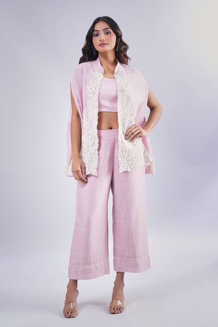 Buy_Samyukta Singhania_Pink Cotton, Silk Floral Vine Embroidered Cape And Pant Set_Online_at_Aza_Fashions