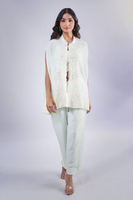 Samyukta Singhania_Green Cotton, Silk Floret Embroidered Cape And Pant Set_Online_at_Aza_Fashions