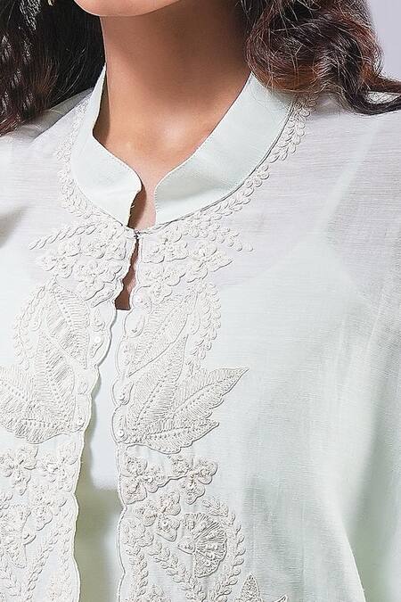 Buy_Samyukta Singhania_Green Cotton, Silk Floret Embroidered Cape And Pant Set_Online_at_Aza_Fashions