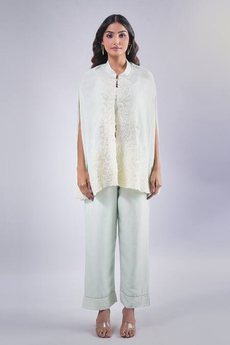 Buy_Samyukta Singhania_Green Cotton, Silk Floret Embroidered Cape And Pant Set