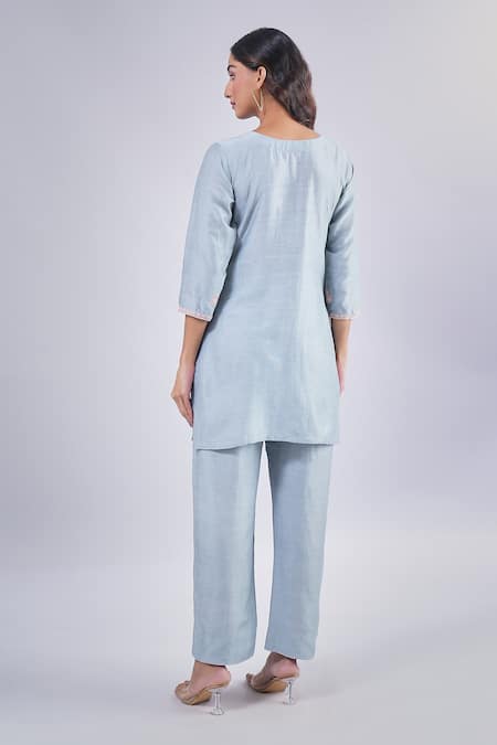 Shop Samyukta Singhania Blue Cotton, Silk Embroidery Round Neck Floral Dori Kurta Set at Aza Fashions Shop_Samyukta Singhania_Blue Cotton, Silk Embroidery Round Neck Floral Dori Kurta Set_at_Aza_Fashions