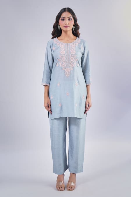 Buy Samyukta Singhania Blue Cotton, Silk Embroidery Round Neck Floral Dori Kurta Set Online at Aza Fashions Buy_Samyukta Singhania_Blue Cotton, Silk Embroidery Round Neck Floral Dori Kurta Set_Online_at_Aza_Fashions