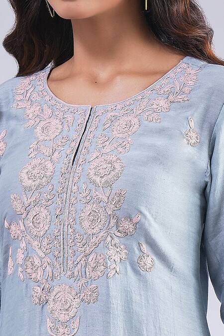 Shop Samyukta Singhania Blue Cotton, Silk Embroidery Round Neck Floral Dori Kurta Set Online at Aza Fashions Shop_Samyukta Singhania_Blue Cotton, Silk Embroidery Round Neck Floral Dori Kurta Set_Online_at_Aza_Fashions