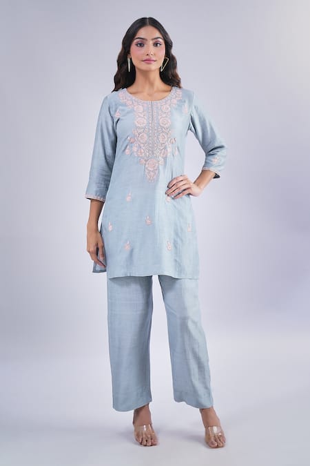 Buy Samyukta Singhania Blue Cotton, Silk Embroidery Round Neck Floral Dori Kurta Set Buy_Samyukta Singhania_Blue Cotton, Silk Embroidery Round Neck Floral Dori Kurta Set