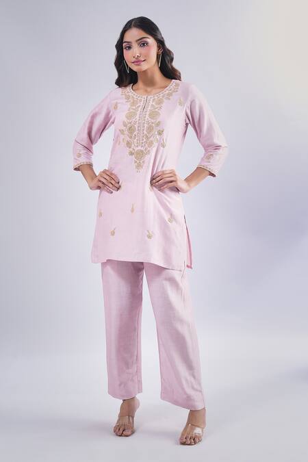 Shop_Samyukta Singhania_Pink Cotton, Silk Embroidery Round Neck Floral Dori Kurta And Pant Set_Online_at_Aza_Fashions