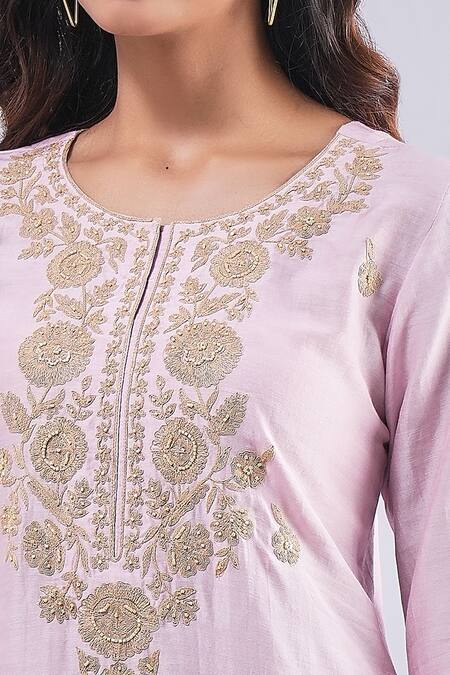 Buy_Samyukta Singhania_Pink Cotton, Silk Embroidery Round Neck Floral Dori Kurta And Pant Set