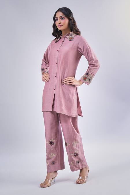 Buy_Samyukta Singhania_Pink Cotton, Silk Embroidery Collared Flower Kurta And Pant Set_Online_at_Aza_Fashions