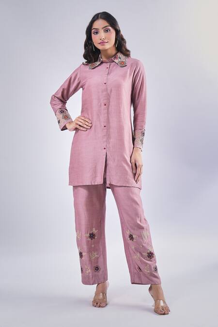Shop_Samyukta Singhania_Pink Cotton, Silk Embroidery Collared Flower Kurta And Pant Set_Online_at_Aza_Fashions