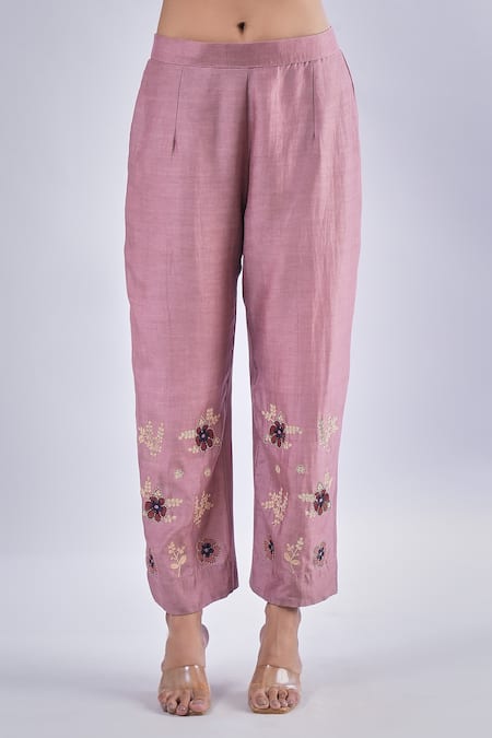 Samyukta Singhania_Pink Cotton, Silk Embroidery Collared Flower Kurta And Pant Set_at_Aza_Fashions