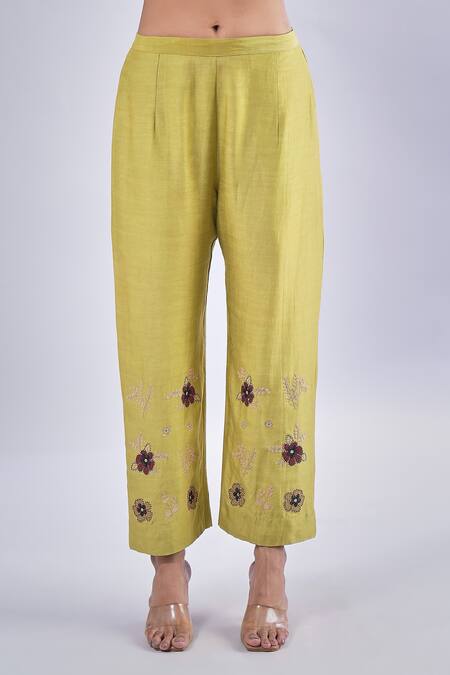 Buy_Samyukta Singhania_Green Cotton, Silk Embroidery Collared Flower Kurta And Pant Set_Online_at_Aza_Fashions