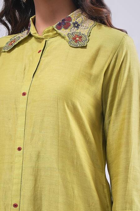 Shop_Samyukta Singhania_Green Cotton, Silk Embroidery Collared Flower Kurta And Pant Set_Online_at_Aza_Fashions