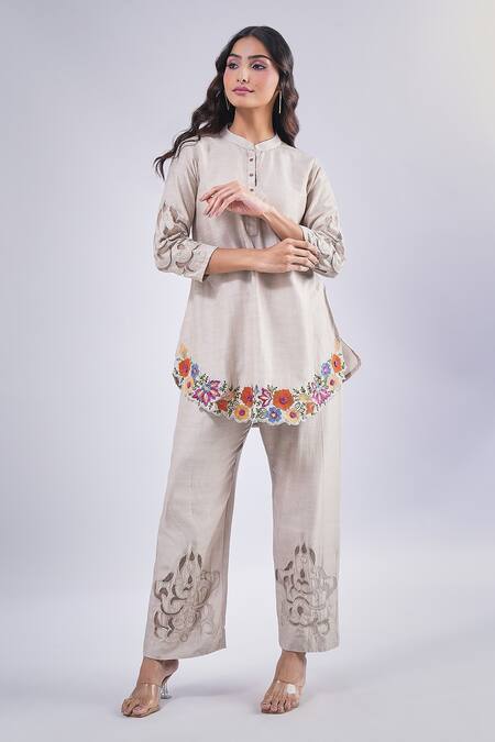 Shop Samyukta Singhania Gray Cotton, Silk Embroidery Mandarin Collar Grey Flower Kurta And Pant Set Online at Aza Fashions Shop_Samyukta Singhania_Gray Cotton, Silk Embroidery Mandarin Collar Grey Flower Kurta And Pant Set_Online_at_Aza_Fashions