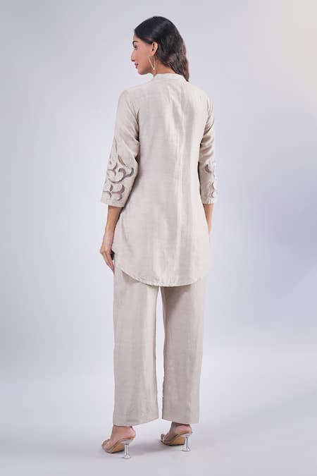 Shop Samyukta Singhania Gray Cotton, Silk Embroidery Mandarin Collar Grey Flower Kurta And Pant Set at Aza Fashions Shop_Samyukta Singhania_Gray Cotton, Silk Embroidery Mandarin Collar Grey Flower Kurta And Pant Set_at_Aza_Fashions