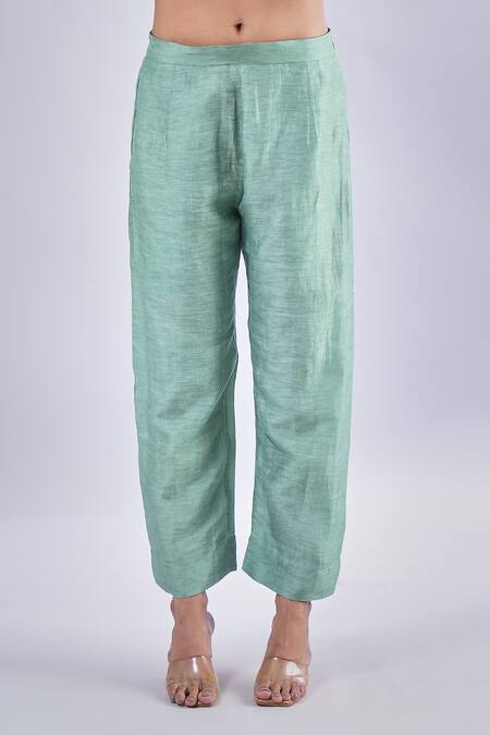 Shop_Samyukta Singhania_Green Cotton, Silk Embroidery Round Neck Floral Paisley Kurta And Pant Set_Online_at_Aza_Fashions