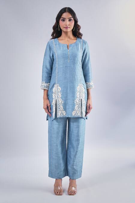 Samyukta Singhania_Blue Cotton, Silk Embroidery Round Neck Floral Paisley Kurta And Pant Set_Online_at_Aza_Fashions