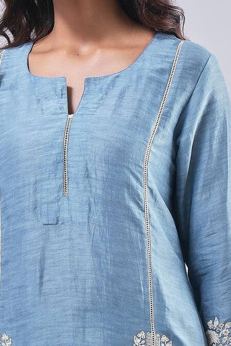 Samyukta Singhania_Blue Cotton, Silk Embroidery Round Neck Floral Paisley Kurta And Pant Set_at_Aza_Fashions