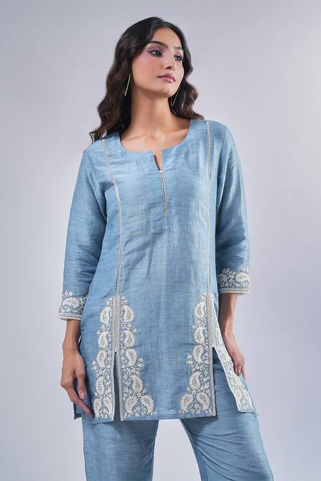 Buy_Samyukta Singhania_Blue Cotton, Silk Embroidery Round Neck Floral Paisley Kurta And Pant Set