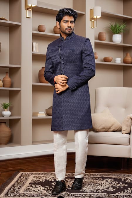 Arihant Rai Sinha Navy Blue Geometric Jaal Sherwani & Pant 