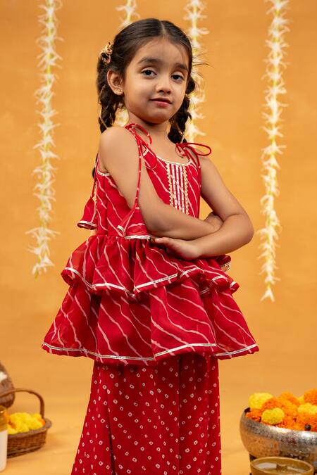 JILMIL DREAMWEAR Red Georgette Gota Patti, Embroidery Leheriya Peplum Top And Bandhani Palazzo Set Online at Aza Fashions JILMIL DREAMWEAR_Red Georgette Gota Patti, Embroidery Leheriya Peplum Top And Bandhani Palazzo Set _Online_at_Aza_Fashions