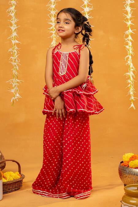 Buy JILMIL DREAMWEAR Red Georgette Gota Patti, Embroidery Leheriya Peplum Top And Bandhani Palazzo Set Online at Aza Fashions Buy_JILMIL DREAMWEAR_Red Georgette Gota Patti, Embroidery Leheriya Peplum Top And Bandhani Palazzo Set _Online_at_Aza_Fashions