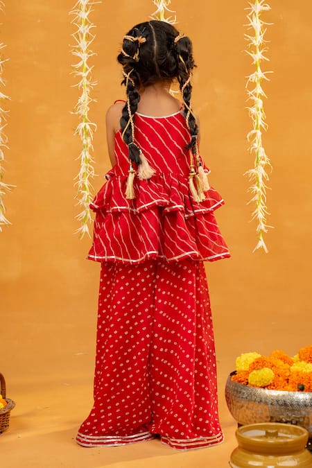 Shop JILMIL DREAMWEAR Red Georgette Gota Patti, Embroidery Leheriya Peplum Top And Bandhani Palazzo Set at Aza Fashions Shop_JILMIL DREAMWEAR_Red Georgette Gota Patti, Embroidery Leheriya Peplum Top And Bandhani Palazzo Set _at_Aza_Fashions