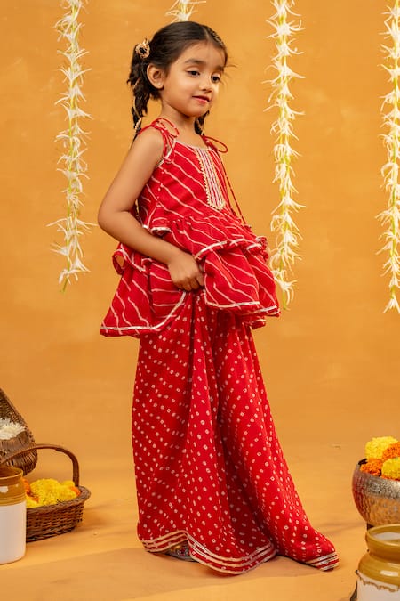 Shop JILMIL DREAMWEAR Red Georgette Gota Patti, Embroidery Leheriya Peplum Top And Bandhani Palazzo Set Online at Aza Fashions Shop_JILMIL DREAMWEAR_Red Georgette Gota Patti, Embroidery Leheriya Peplum Top And Bandhani Palazzo Set _Online_at_Aza_Fashions