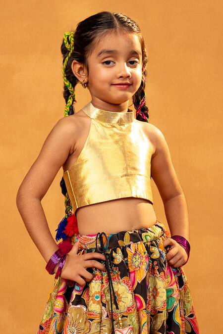 JILMIL DREAMWEAR Multi Color Chanderi Silk Embroidery, Floral Print Lehenga And Halter Crop Top Online at Aza Fashions JILMIL DREAMWEAR_Multi Color Chanderi Silk Embroidery, Floral Print Lehenga And Halter Crop Top _Online_at_Aza_Fashions