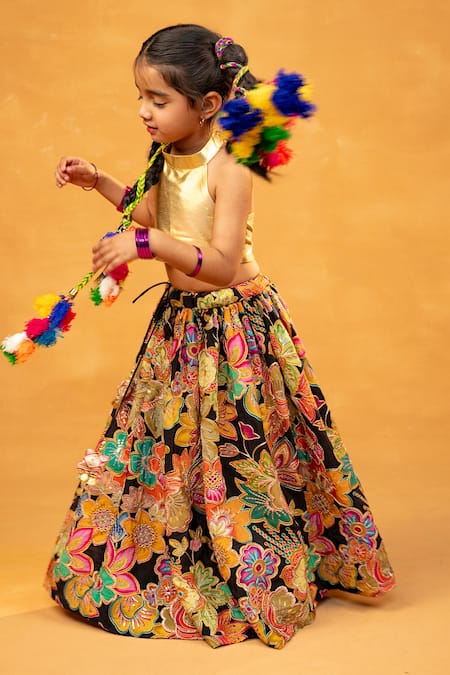 Shop JILMIL DREAMWEAR Multi Color Chanderi Silk Embroidery, Floral Print Lehenga And Halter Crop Top at Aza Fashions Shop_JILMIL DREAMWEAR_Multi Color Chanderi Silk Embroidery, Floral Print Lehenga And Halter Crop Top _at_Aza_Fashions