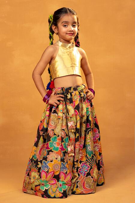 Buy JILMIL DREAMWEAR Multi Color Chanderi Silk Embroidery, Floral Print Lehenga And Halter Crop Top Online at Aza Fashions Buy_JILMIL DREAMWEAR_Multi Color Chanderi Silk Embroidery, Floral Print Lehenga And Halter Crop Top _Online_at_Aza_Fashions