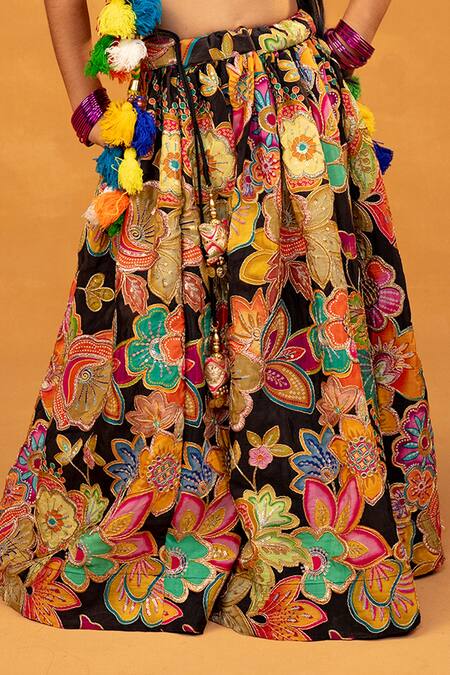 Shop JILMIL DREAMWEAR Multi Color Chanderi Silk Embroidery, Floral Print Lehenga And Halter Crop Top Online at Aza Fashions Shop_JILMIL DREAMWEAR_Multi Color Chanderi Silk Embroidery, Floral Print Lehenga And Halter Crop Top _Online_at_Aza_Fashions