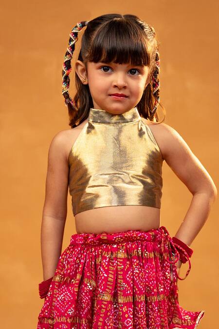JILMIL DREAMWEAR Gold , Chanderi Bandhani Print Lehenga And Halter Crop Top Online at Aza Fashions JILMIL DREAMWEAR_Gold , Chanderi Bandhani Print Lehenga And Halter Crop Top_Online_at_Aza_Fashions