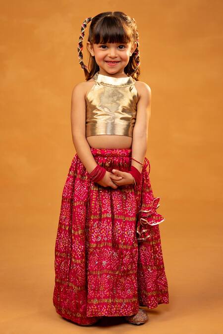 Buy JILMIL DREAMWEAR Gold , Chanderi Bandhani Print Lehenga And Halter Crop Top Online at Aza Fashions Buy_JILMIL DREAMWEAR_Gold , Chanderi Bandhani Print Lehenga And Halter Crop Top_Online_at_Aza_Fashions