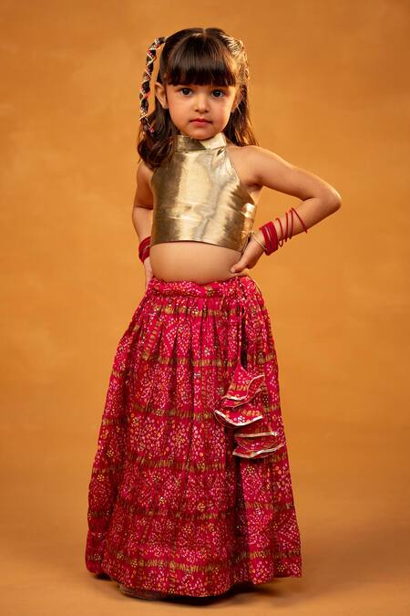Shop JILMIL DREAMWEAR Gold , Chanderi Bandhani Print Lehenga And Halter Crop Top Online at Aza Fashions Shop_JILMIL DREAMWEAR_Gold , Chanderi Bandhani Print Lehenga And Halter Crop Top_Online_at_Aza_Fashions